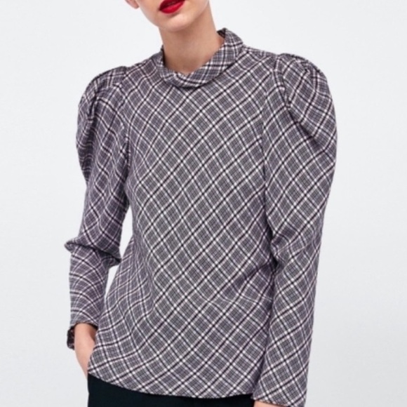 Zara Plaid Puff Sleeve Top Pink Black - Picture 1 of 4